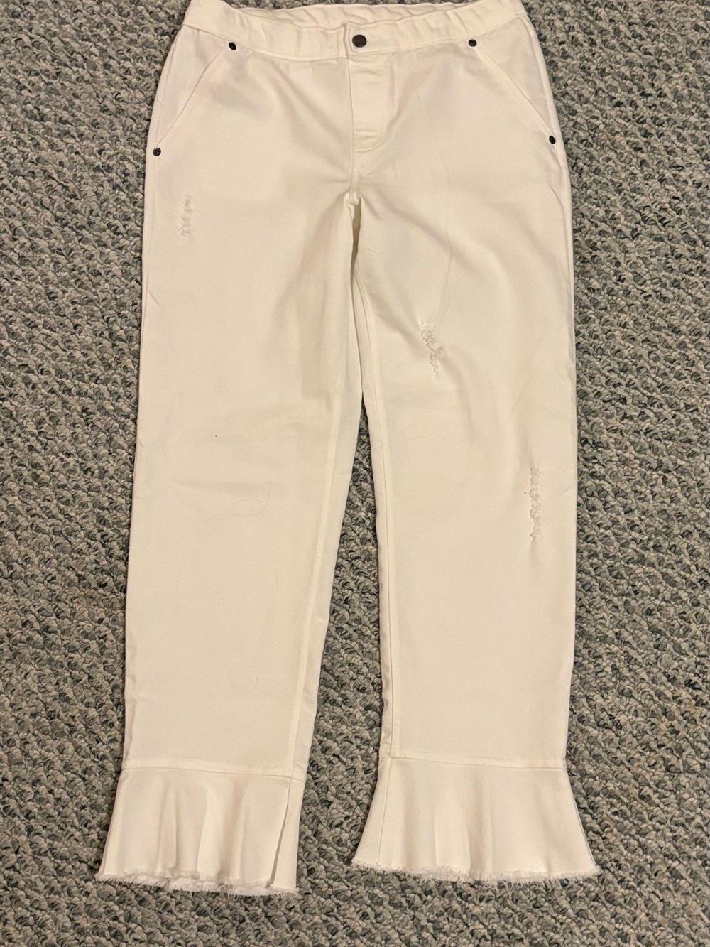 Womens White Ruffle Hem Stretch Jean
